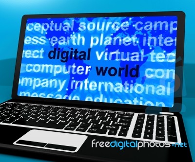 Digital World Words On Computer Showing Global Internet Stock Image