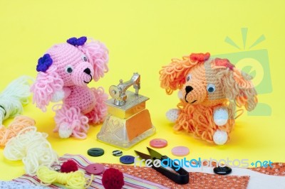 Dogs Knitting Doll Stock Photo