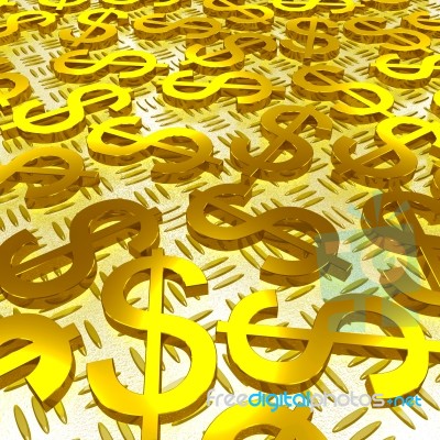 Dollar Symbols Over The Floor Shows American Investment Stock Image