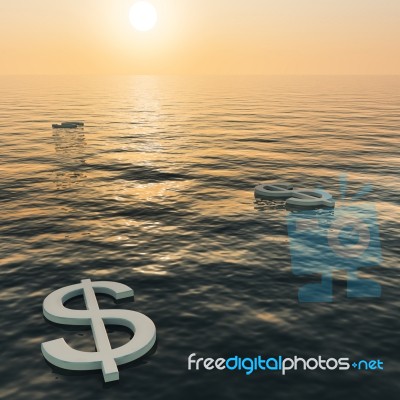 Dollars Floating On Sea At Sunset  Stock Image