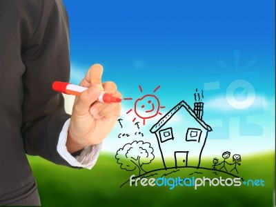 Draw A House With Pen Stock Photo