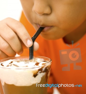 Drinking Iced Coffee Stock Photo