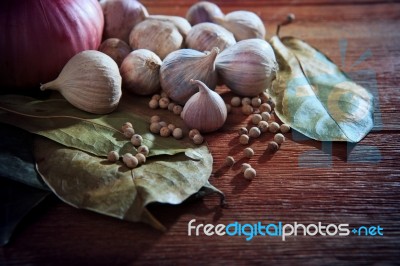 Dry Spice Herb On Wood Table Stock Photo