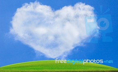 Dry Tree On Green Grass Field With Heart Shape Of White Cloud Stock Photo