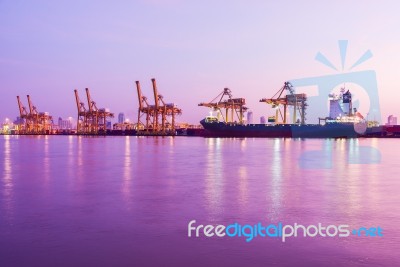 Early Morning Twilight At Industrial Cargo Harbour Stock Photo