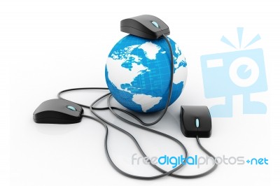 Earth Globe Connected With Three Computer Mouse Stock Image