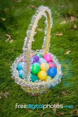 Easter Eggs Basket Stock Photo