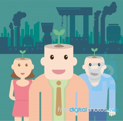 Ecological Concept With Plant On Head People And Factory Polluti… Stock Image
