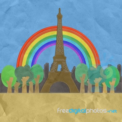 Eiffel Tower, Paris. France In Stitch Style On Paper Texture Bac… Stock Image