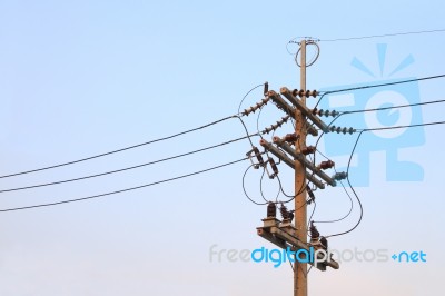 Electric Pole Junction Evening Sky Stock Photo