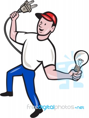 Electrician Hold Electric Plug And Bulb Cartoon Stock Image