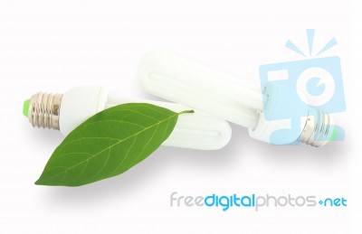 Energy Saving Lamp With Green Leaf On White  Stock Photo