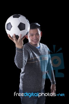 Face Of Soccer Lover Holding Football Ball Isolated Black Backgr… Stock Photo