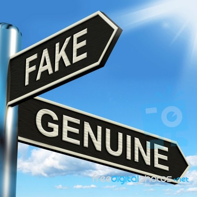 Fake Genuine Signpost Shows Imitation Or Authentic Product Stock Image
