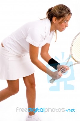 Female Tennis Player With Racket Stock Photo