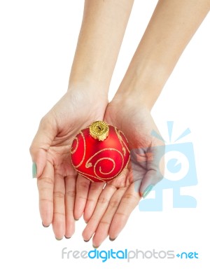 Female Woman Hand Holding Christmas Ball Stock Photo