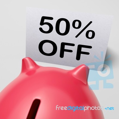 Fifty Percent Off Piggy Bank Shows 50 Half-price Promotion Stock Image