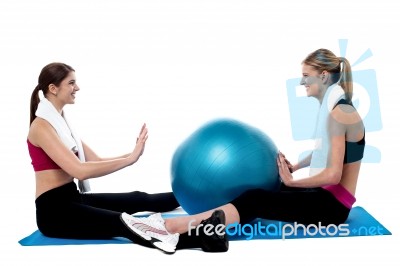 Fit Women Practicing An Exercise With Pilates Ball Stock Photo