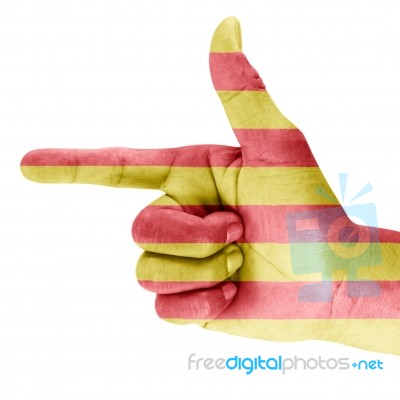 Flag Of Catalonia On Shooting Hand Stock Photo