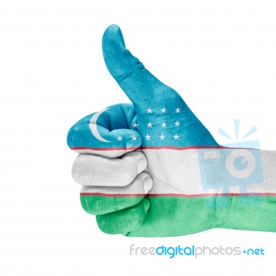 Flag Of Uzbekistan On Thumb Up Hand Stock Photo