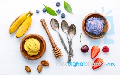 Flat Lay Ice Cream With Various Fruits Raspberry ,blueberry ,str… Stock Photo