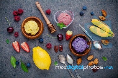 Flat Lay Ice Cream With Various Fruits Raspberry ,blueberry ,str… Stock Photo
