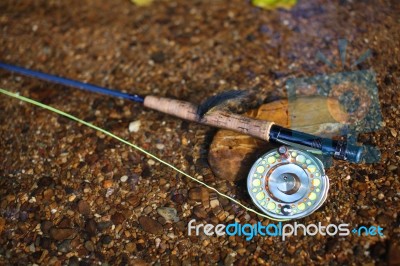 Fly Fishing Tackle In Stream Stock Photo