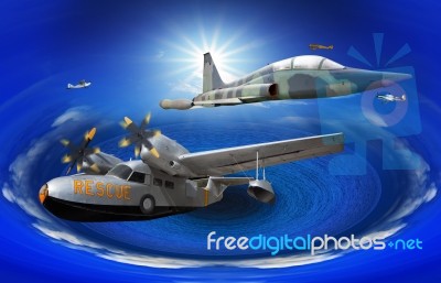 Flying Of Many Kind Of Old Classic Plane Over Fantasy Blue Ocean… Stock Photo