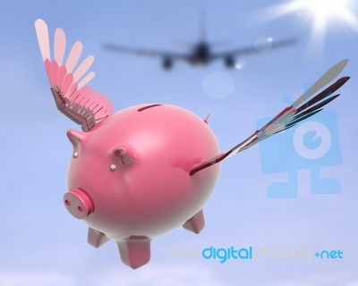 Flying Piggy Shows Sky High Future Success Stock Image