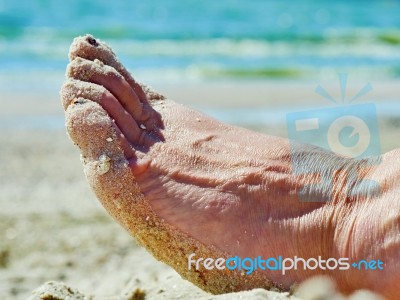Foot In The Sand On The Beach Stock Photo