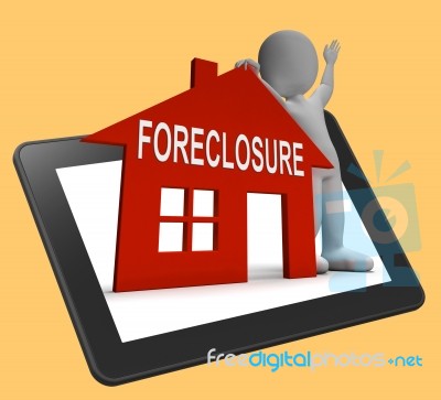 Foreclosure House Tablet Shows Repossession And Sale By Lender Stock Image