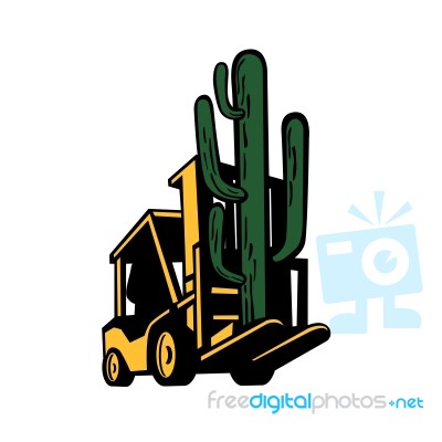 Forklift Truck Lifting Cactus Plant Retro Stock Image