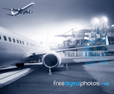Freight Cargo Plane In Airport And Container Shipping Port Background For Logistic Business Theme Stock Photo