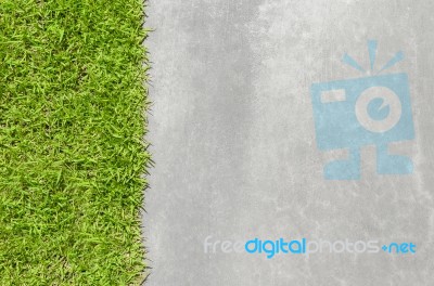 Fresh Green Grass With Polished Cement Surface Stock Photo