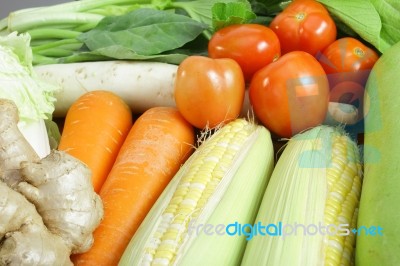 Fresh Vegetables Arrange On The Wood Table Stock Photo