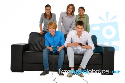 Friends Playing Computer Game Stock Photo