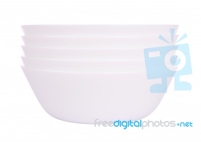 Front Five Round Ceramic Bowls Stack On White Background Stock Photo