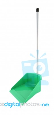 Front Side Green Plastic Dustpan On White Background Stock Photo