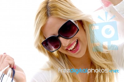 Front View Of Happy Woman With Shopping Bags Stock Photo