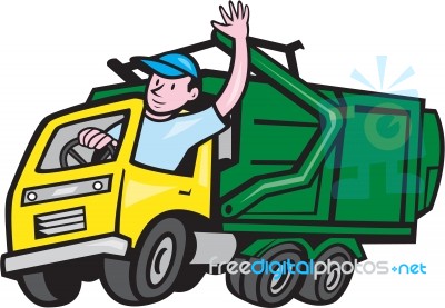 Garbage Truck Driver Waving Cartoon Stock Image