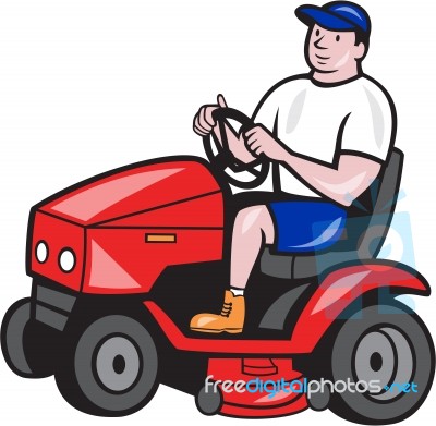 Gardener Mowing Rideon Lawn Mower Cartoon Stock Image