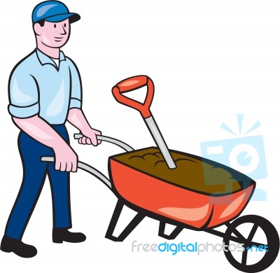 Gardener Pushing Wheelbarrow Cartoon Stock Image