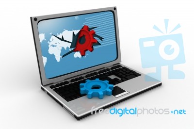 Gear Cogs Flying Out Of Laptop Screen Stock Image