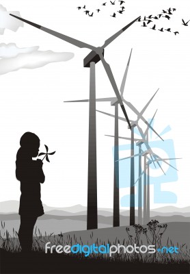 Girl And Wind Turbine Stock Image