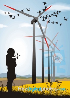 Girl And Wind Turbine Stock Image