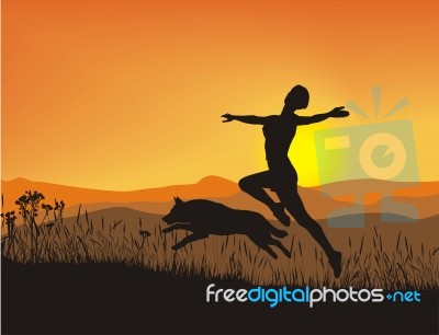 Girl at sunset with dog Stock Image