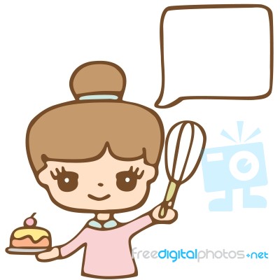 Girl Baking A Cake With Bubble Space For Your Text Stock Image