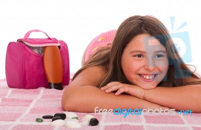 Girl In Swimsuit At The Beach Stock Photo