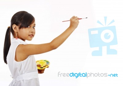 Girl Painting On Blank Board Stock Photo