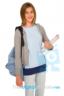 Girl Student Holding Books And Bag Stock Photo